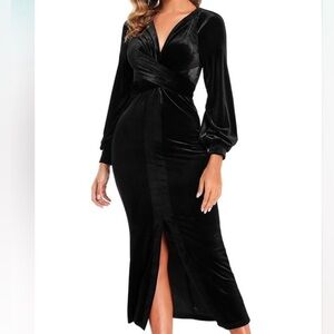 Women’s Small Black Velvet Velour V-Neck Long Dress Ababalaya